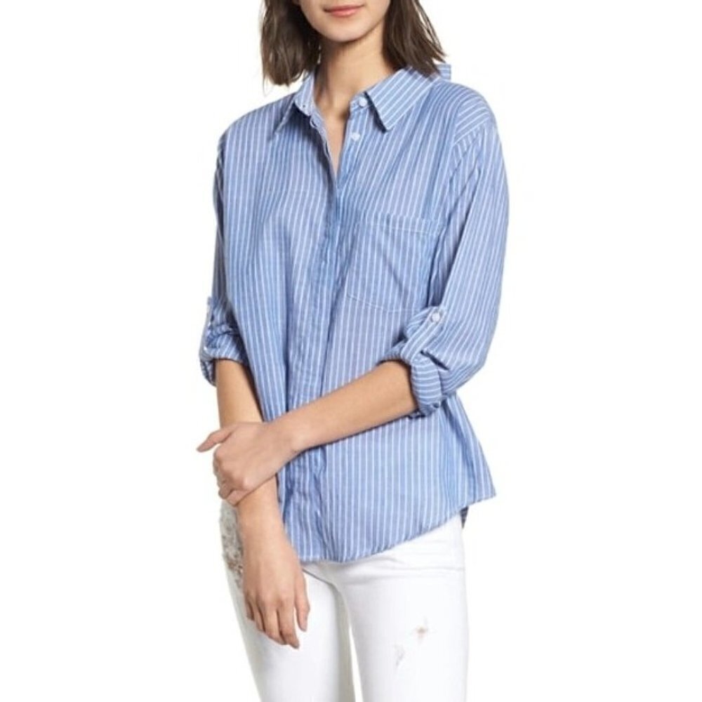 Rails Mimi Maldives Blue & White‎ Stripe Tie Back Long Sleeve Button Down S